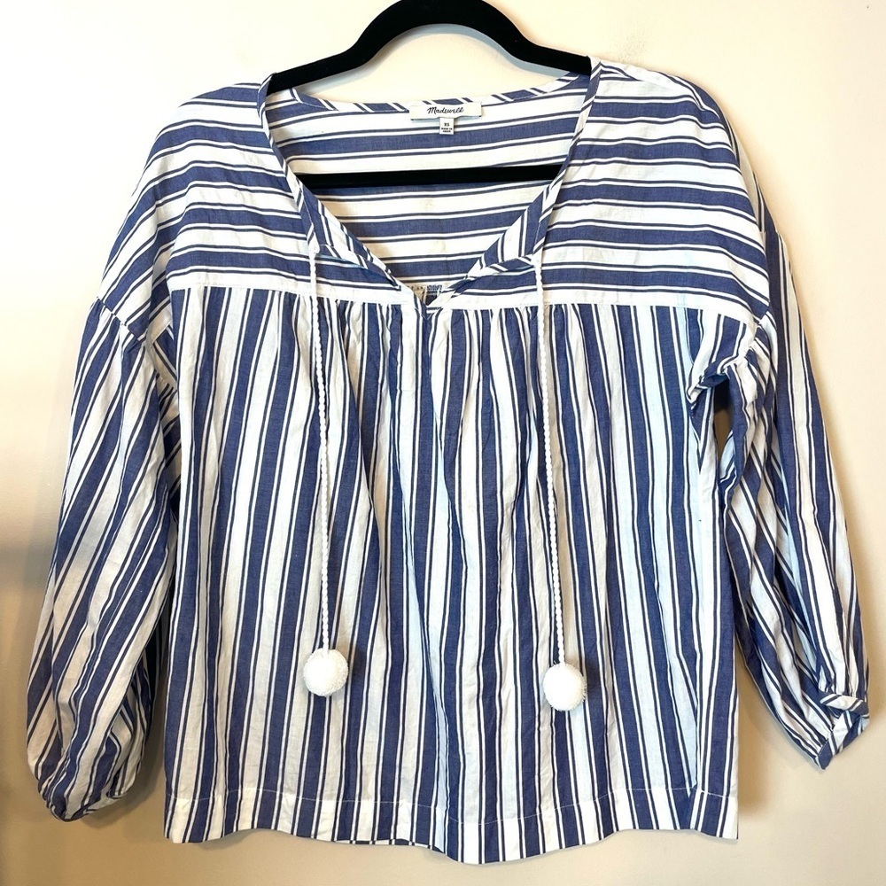 Madewell | Women’s Striped Balloon Sleeve Tassle Blouse Cotton Size XS